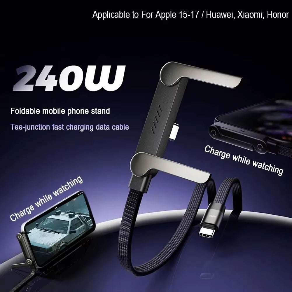 240W Type-C to Type C Cable Elbow Fast Charging Data Cable Foldable Stand Phone Holder for Iphone 17/16/15 for Samsung Charger